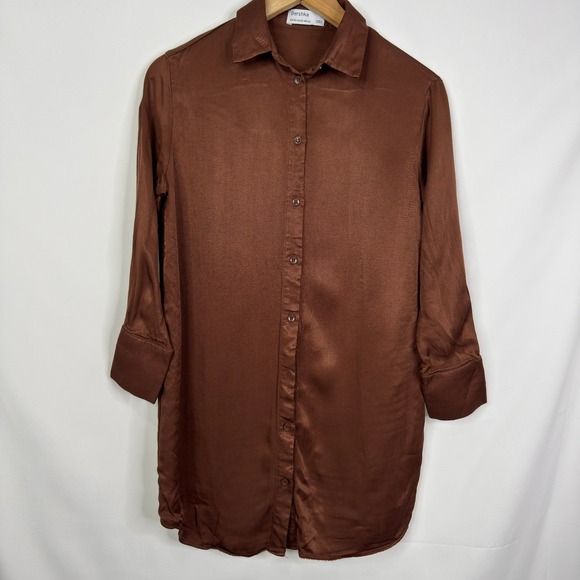 Bershka Satin Button Down Shirt Dress Brown Long Sleeve Tunic NO BELT Sz XS - Picture 2 of 8